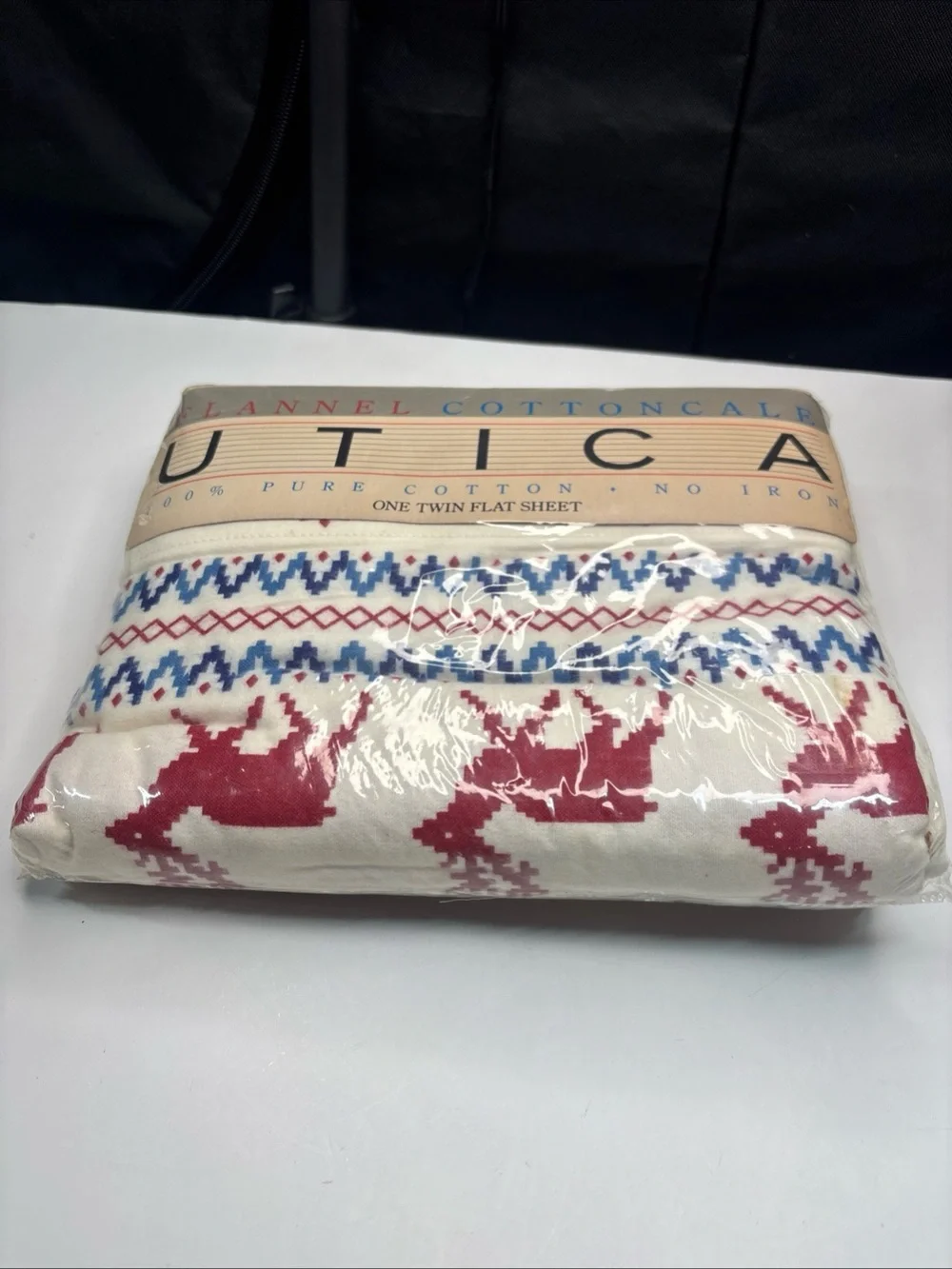 Utica Stevens Flannel Cotton Running Reindeer Twin Flat Sheet NIP 1986 Vtg